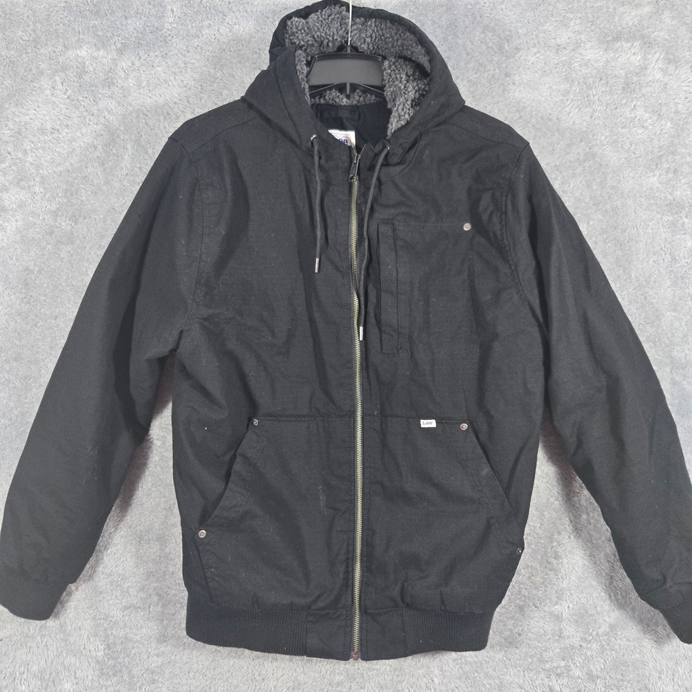 Lee Workwear Mens Black Canvas Faux Sherpa Lined Hooded Jacket Size M